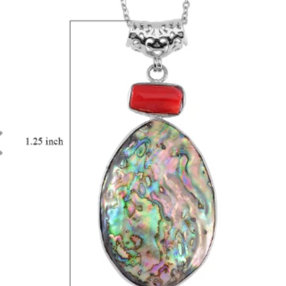 Abalone Shell and Red Coral Pendant Necklace in Silvertone & Stainless Steel 20 - Picture 5 of 5